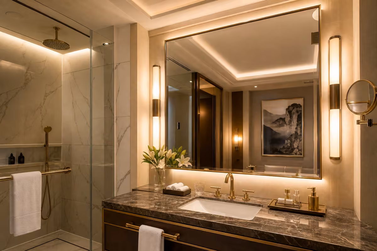 Hotel bathroom vanity mirror lighting with shadow free face light