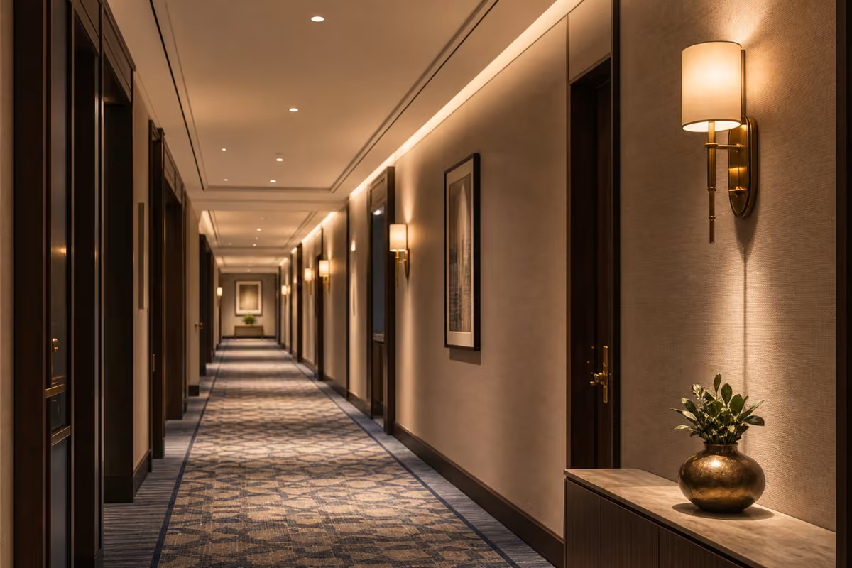 Hotel corridor common area wayfinding lighting with wall washers