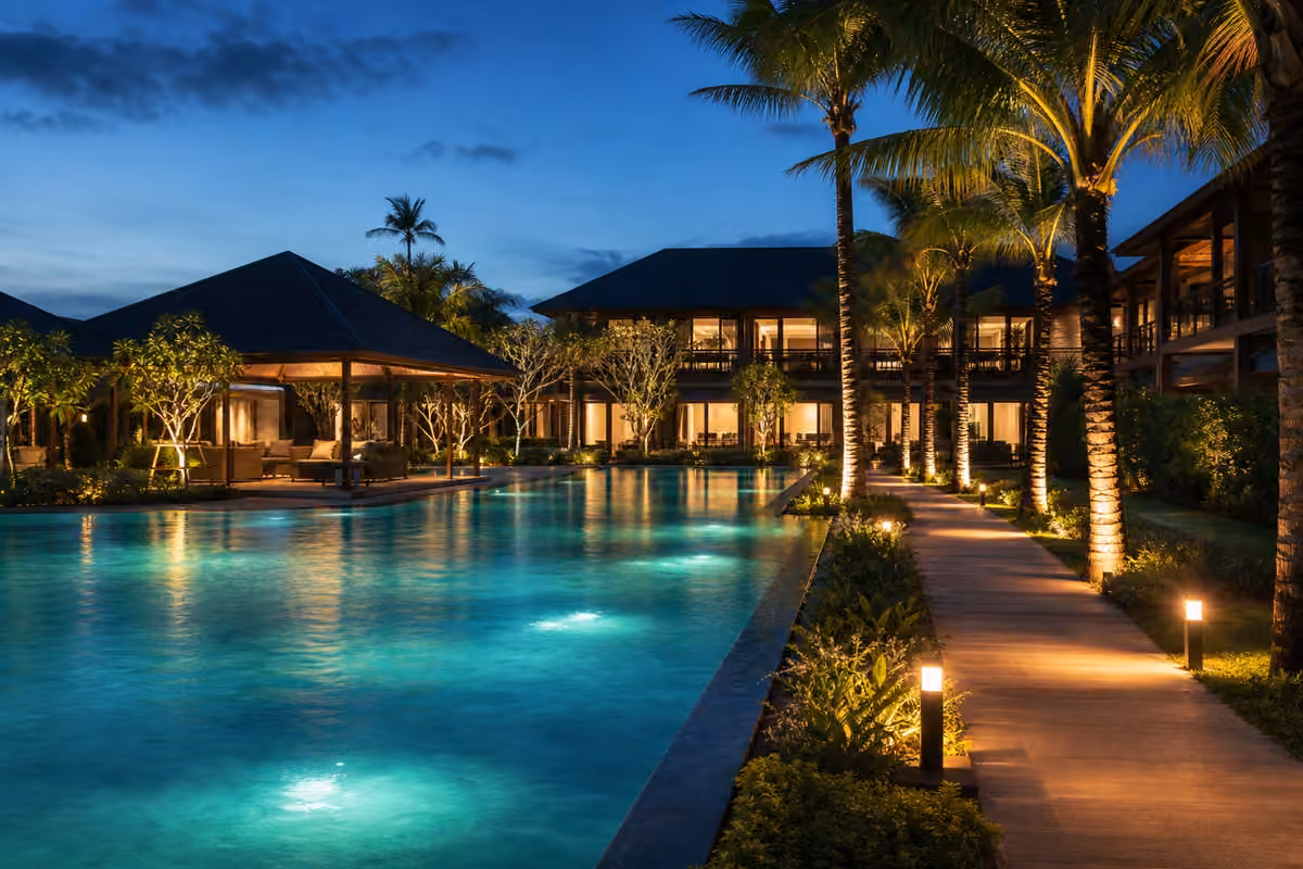 Hotel pool outdoor landscape lighting with underwater LED and bollard
